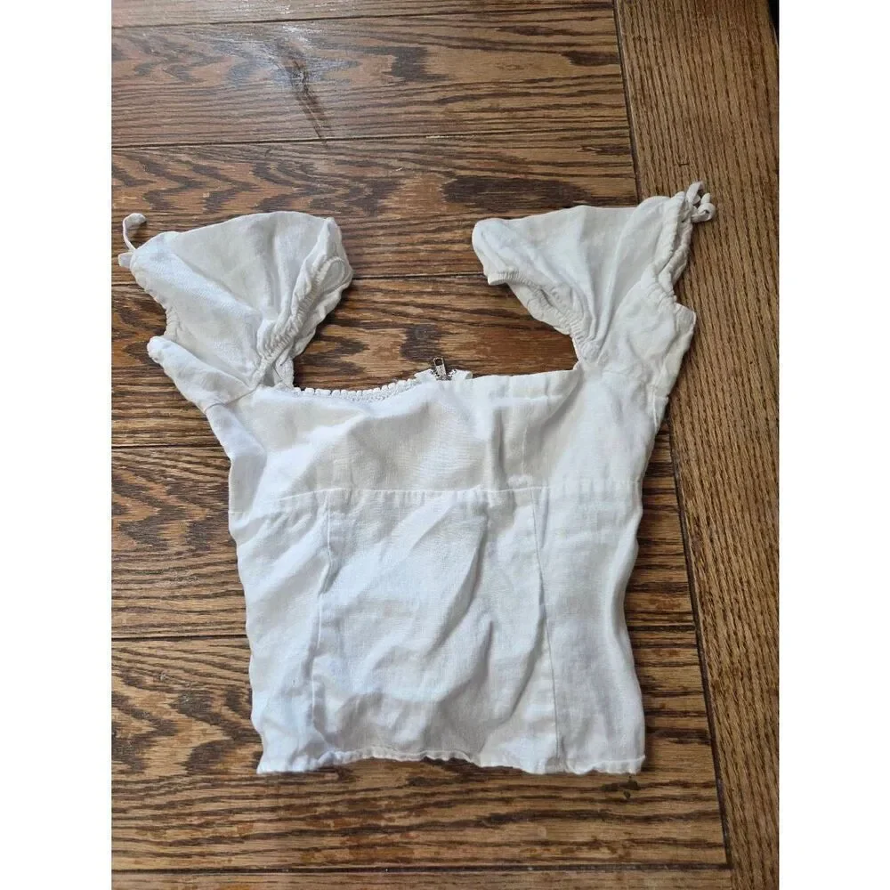 Reformation River crop top puff sleeve In White Sz 0